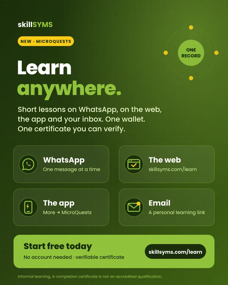 Learn anywhere: skillSYMS MicroQuests on WhatsApp, on the web, in the app and by email, with one wallet and one verifiable certificate
