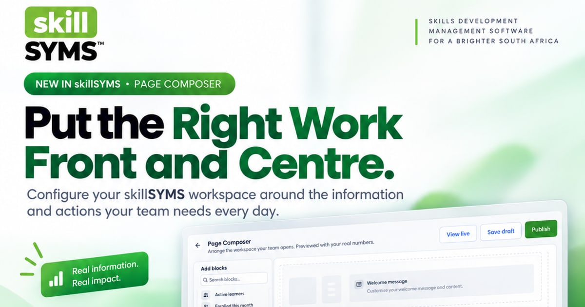 skillSYMS campaign poster: Put the Right Work Front and Centre, showing Page Composer and the My Workspace page
