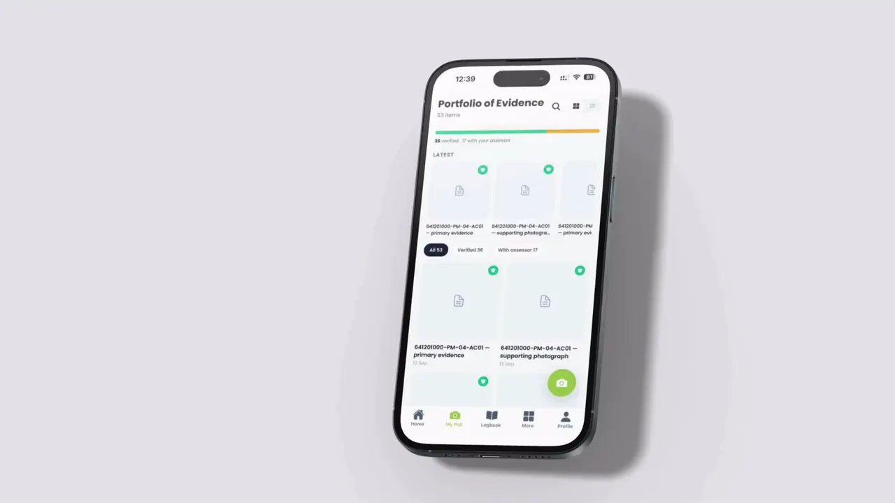 The skillSYMS learner app Portfolio of Evidence screen on an iPhone